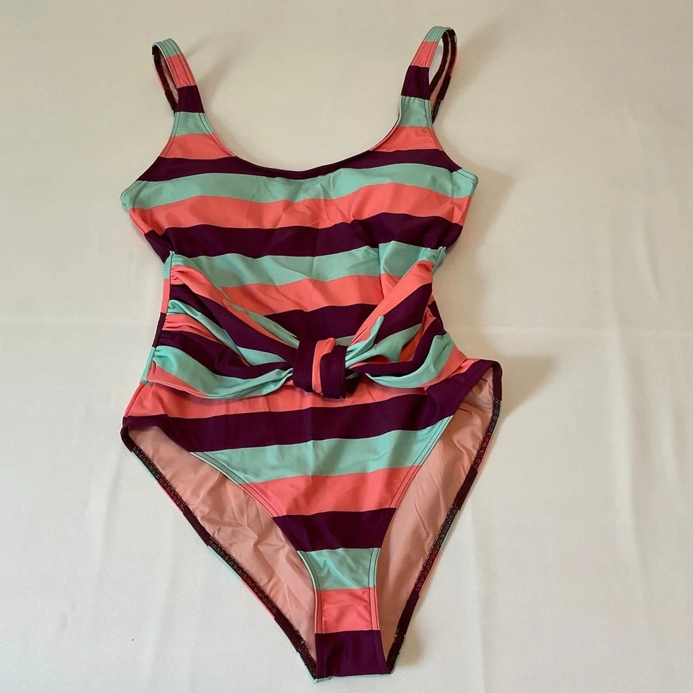 Tanya Taylor One Piece Swimsuit Womens M Multicolor Excellent Striped Knot Front